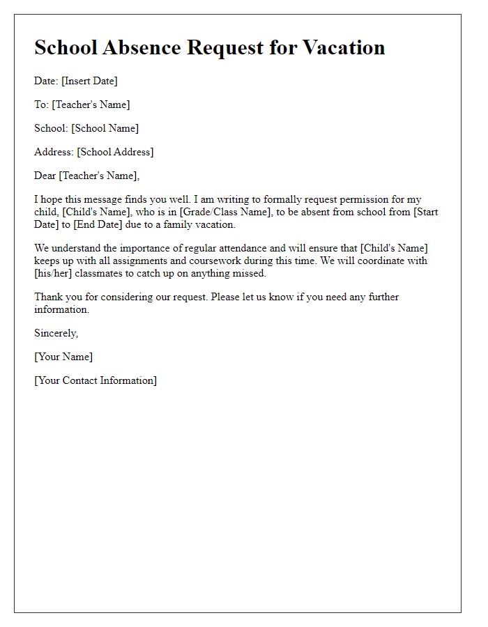 Letter template of school absence request for vacation.