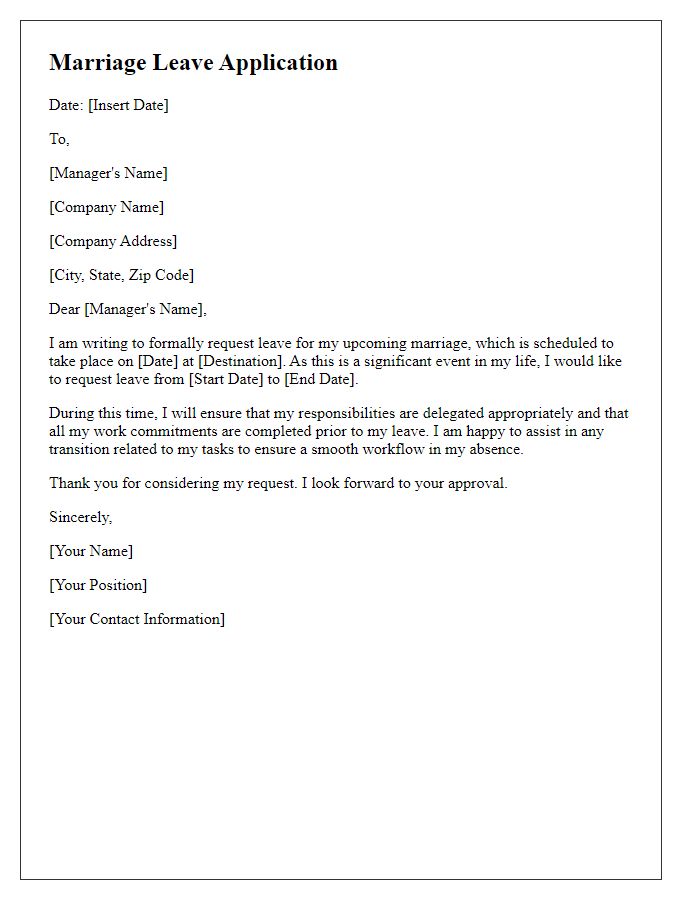 Letter template of marriage leave application for destination wedding.