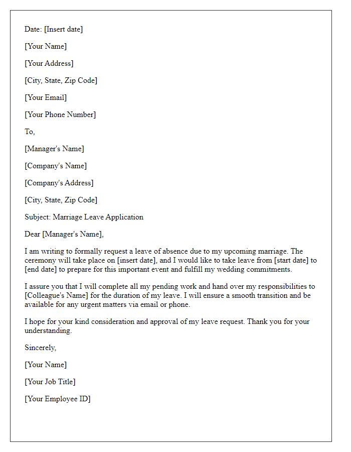 Letter template of marriage leave application for employee.