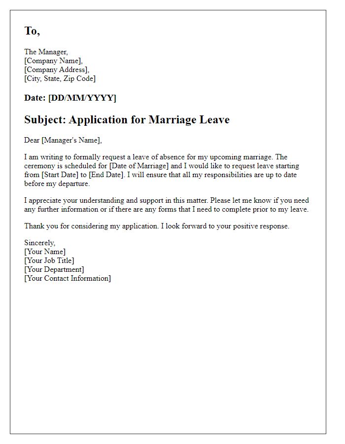 Letter template of marriage leave application for official purposes.