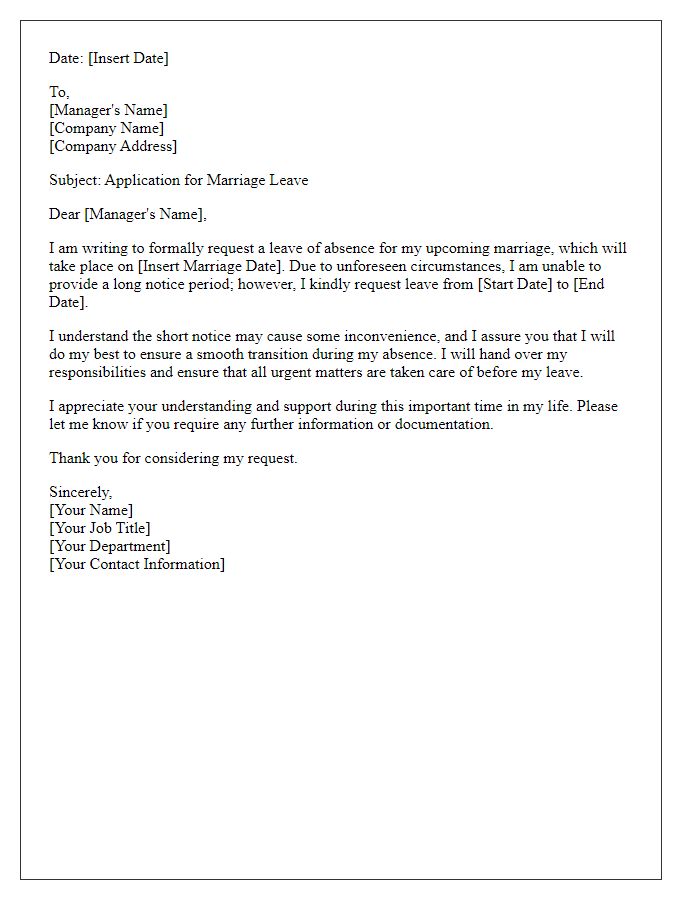 Letter template of marriage leave application for short notice.