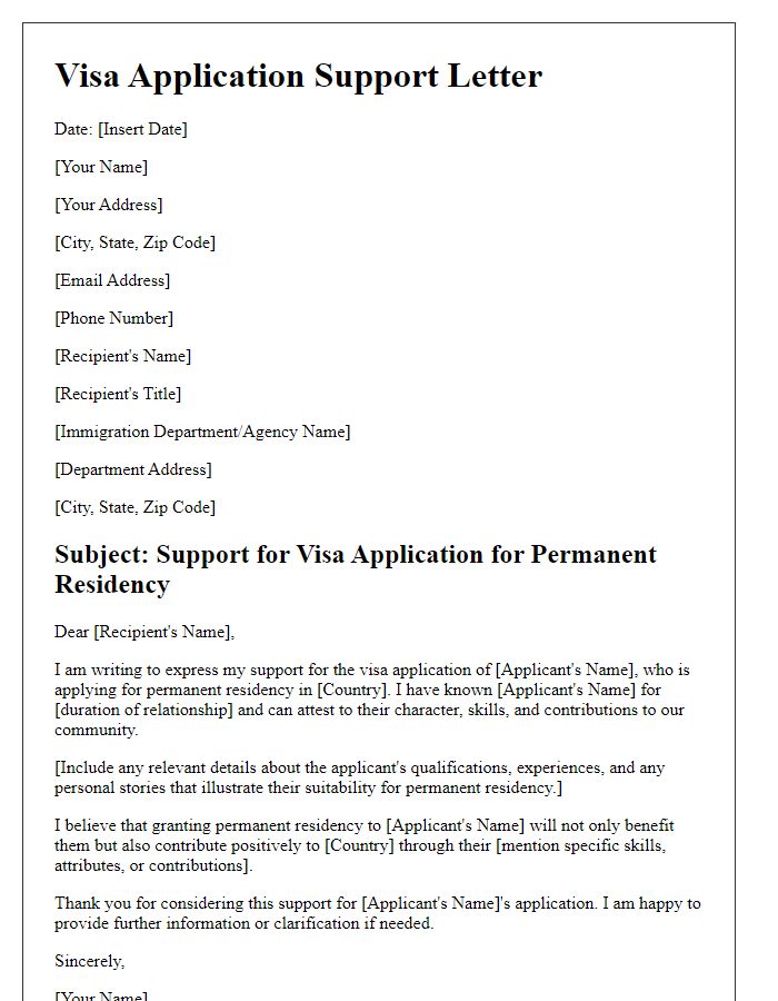 Letter template of visa application support for permanent residency.