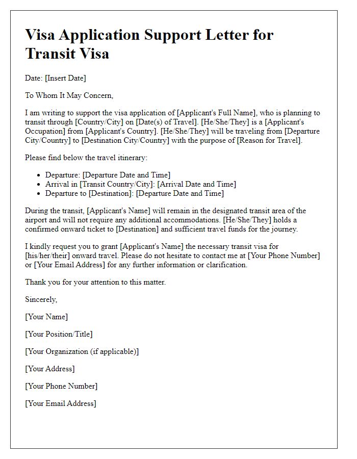 Letter template of visa application support for transit visa.