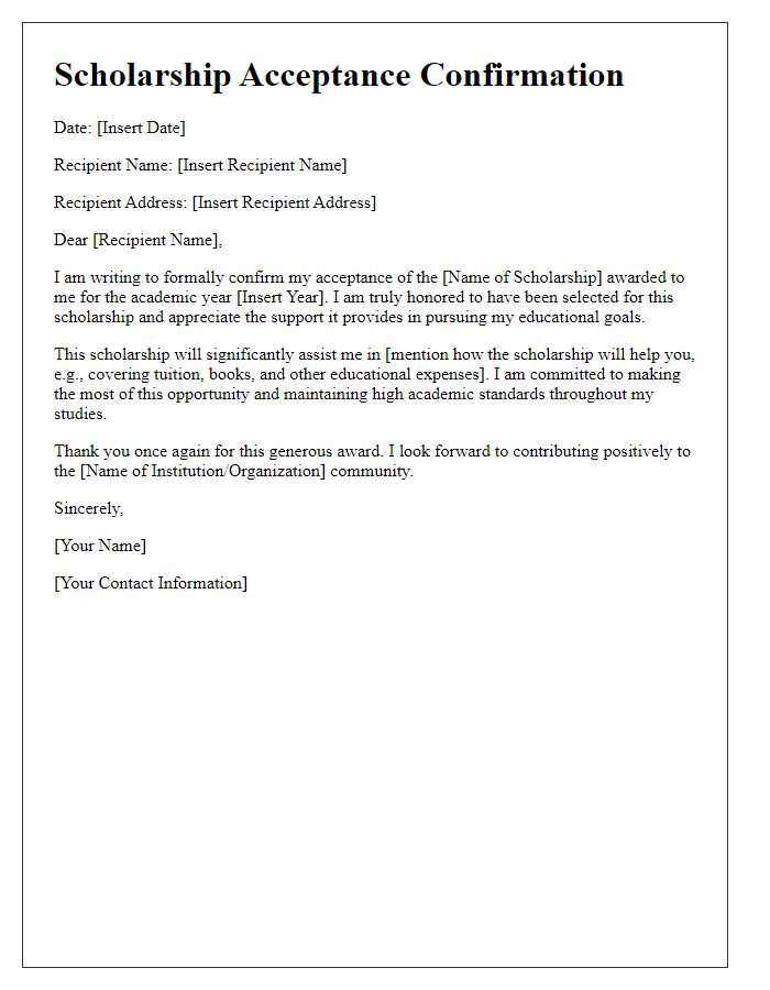 Letter template of academic scholarship acceptance confirmation