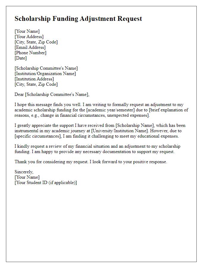 Letter template of academic scholarship funding adjustment request