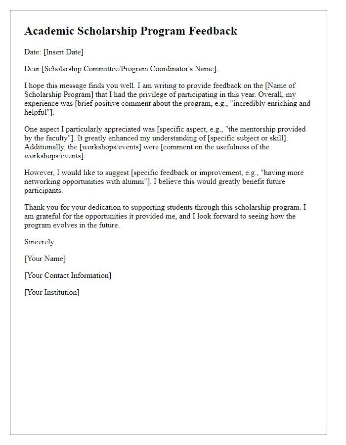 Letter template of academic scholarship program feedback