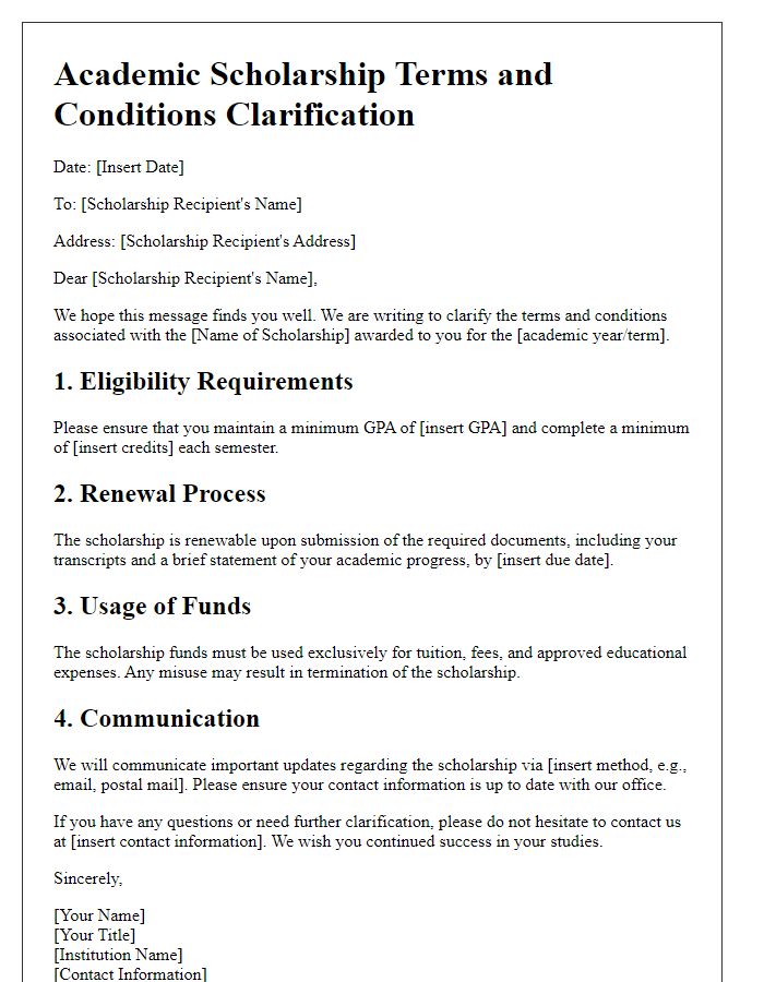 Letter template of academic scholarship terms and conditions clarification