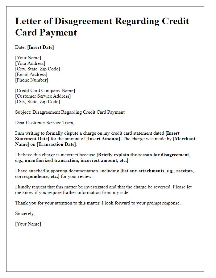 Letter template of credit card payment disagreement