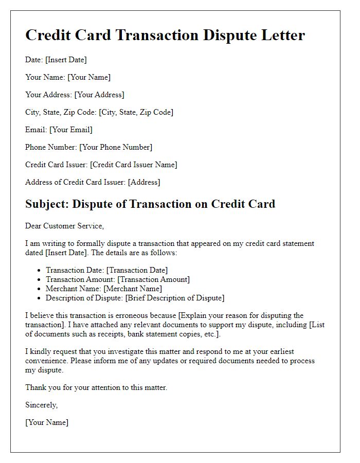 Letter template of credit card transaction dispute