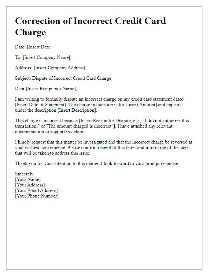 Letter template of incorrect credit card charge