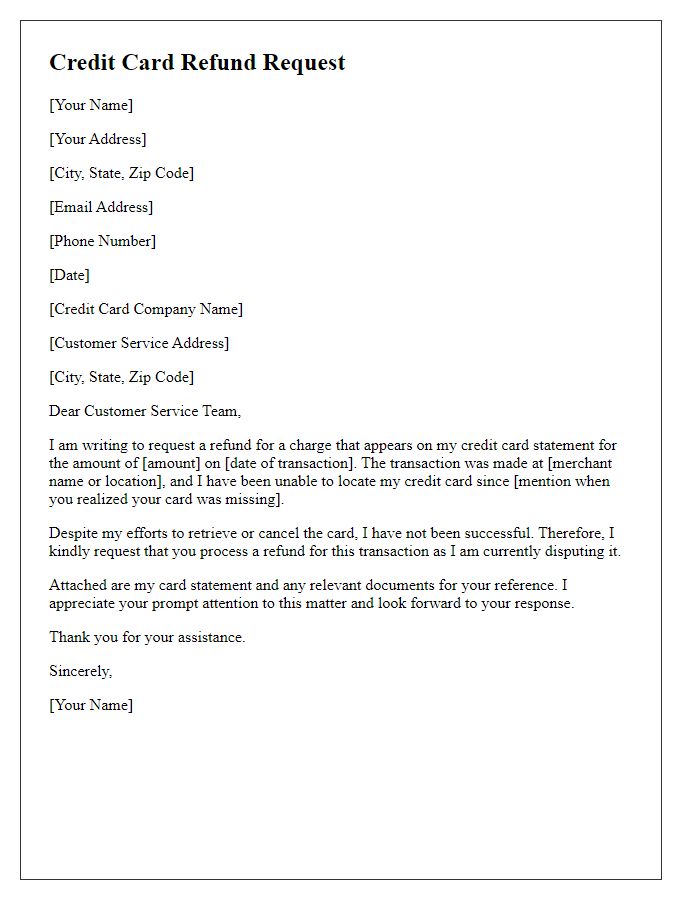 Letter template of missing credit card refund request