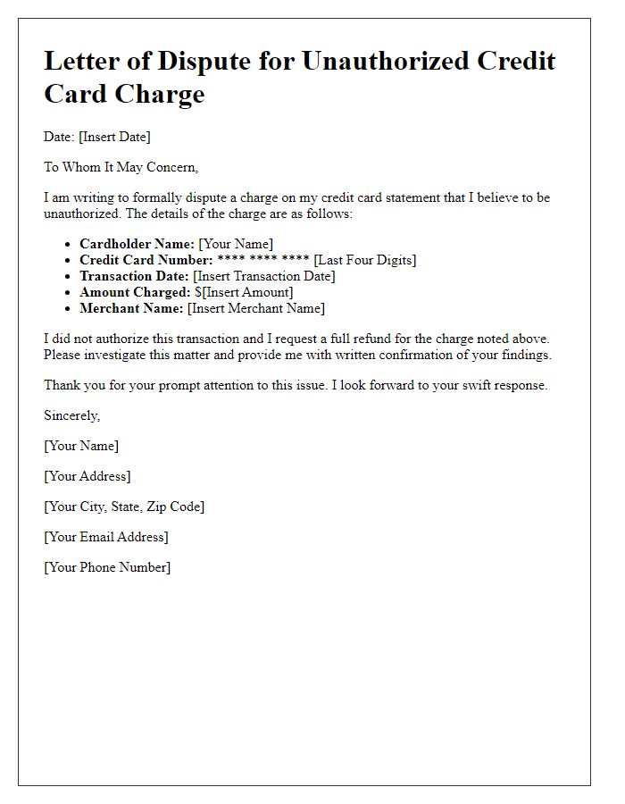 Letter template of unauthorized credit card charge