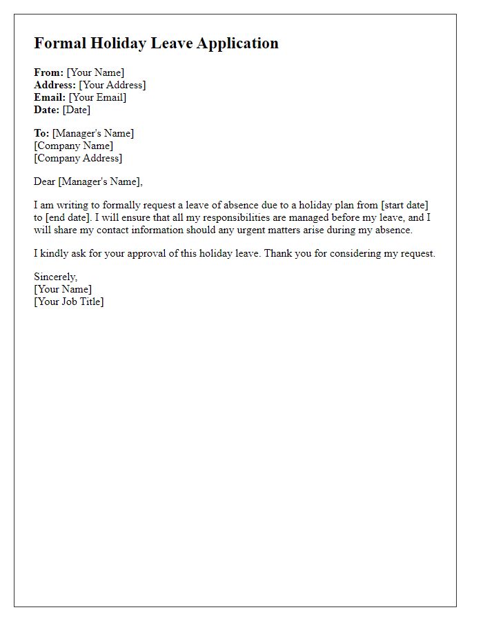 Letter template of formal holiday leave application