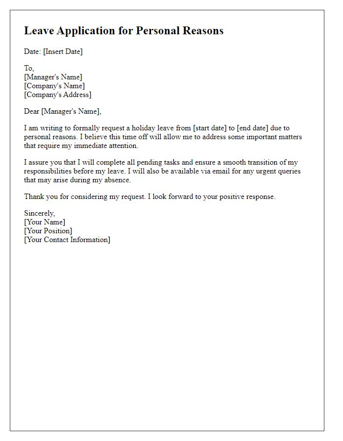 Letter template of holiday leave application for personal reasons