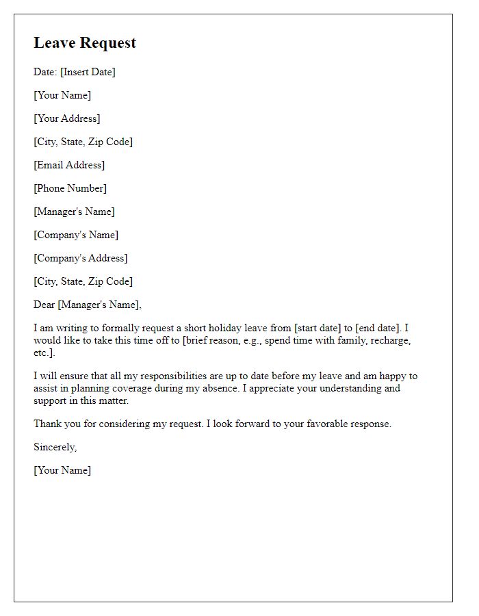 Letter template of short holiday leave request
