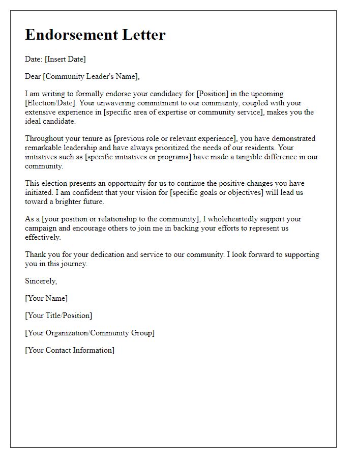 Letter template of political campaign endorsement for community leader.