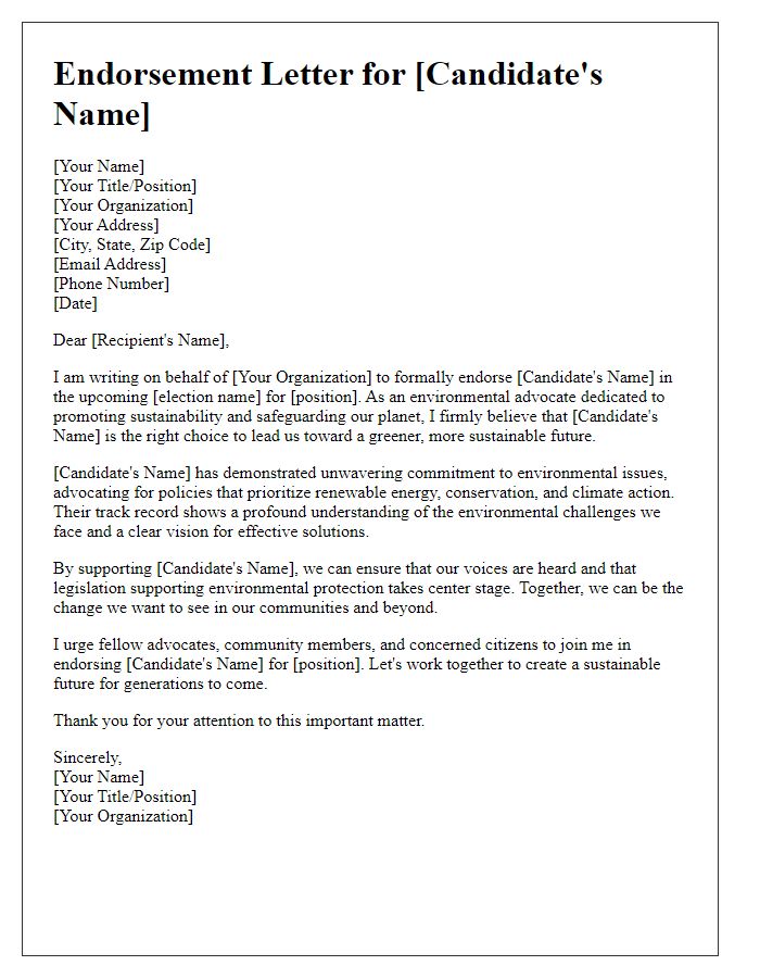 Letter template of political campaign endorsement for environmental advocate.