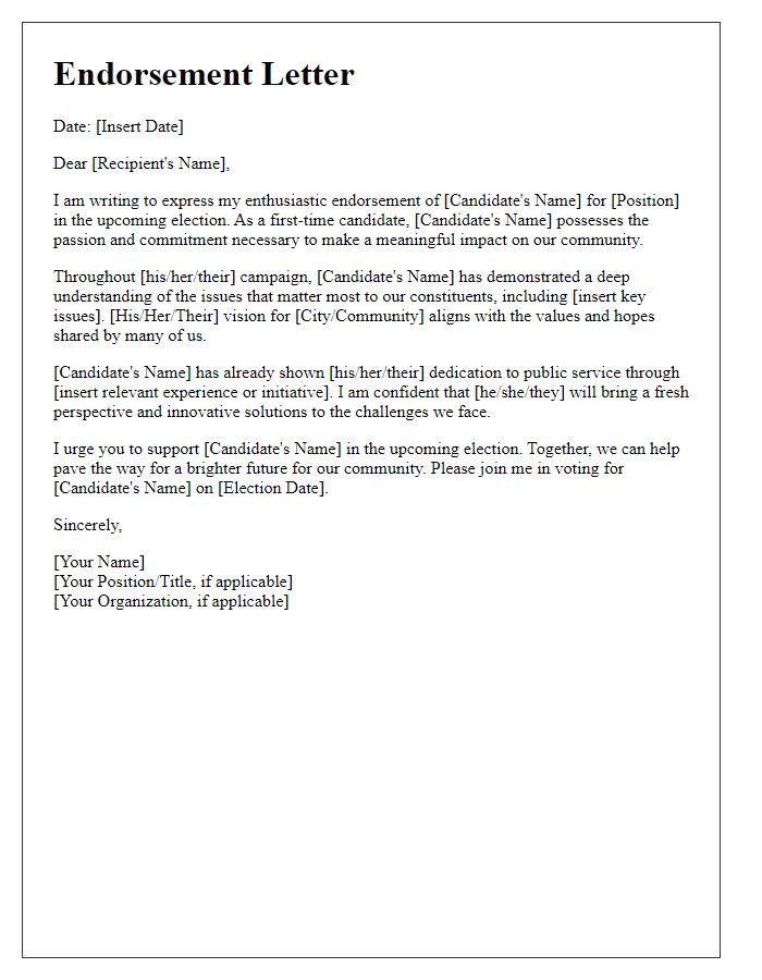 Letter template of political campaign endorsement for first-time candidate.