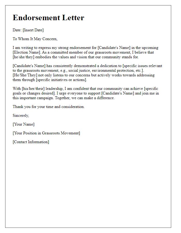 Letter template of political campaign endorsement for grassroots movement.