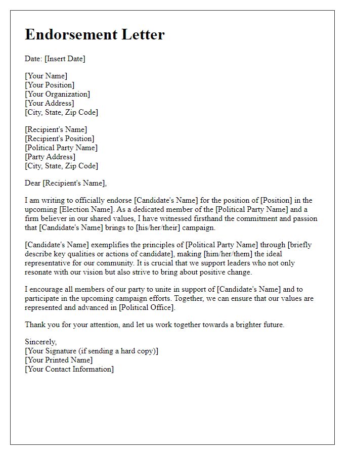 Letter template of political campaign endorsement for party affiliation.