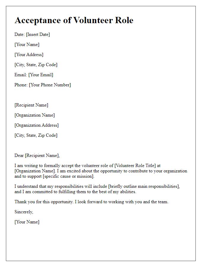 Letter template of Acceptance of Volunteer Role