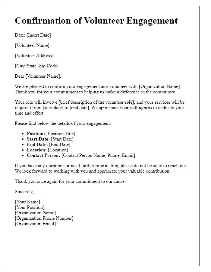 Letter template of Confirmation of Volunteer Engagement