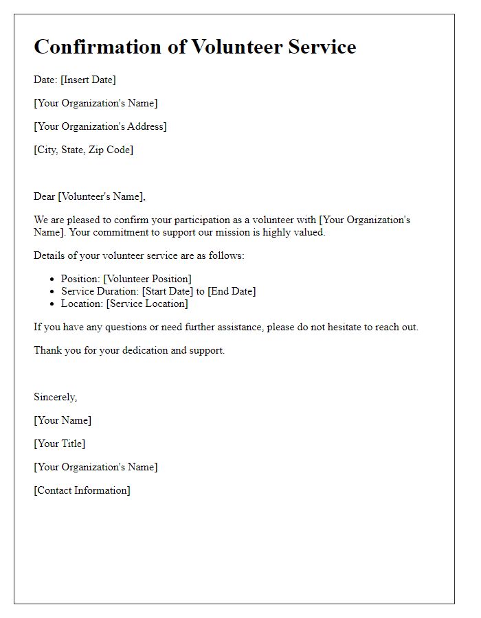 Letter template of Confirmation for Volunteer Service