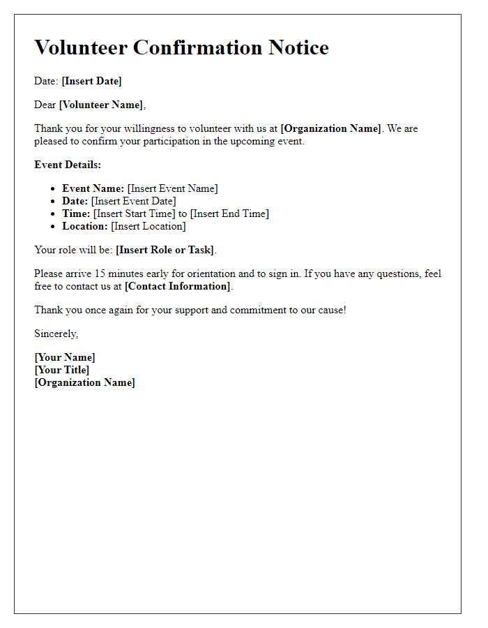 Letter template of Volunteer Confirmation Notice