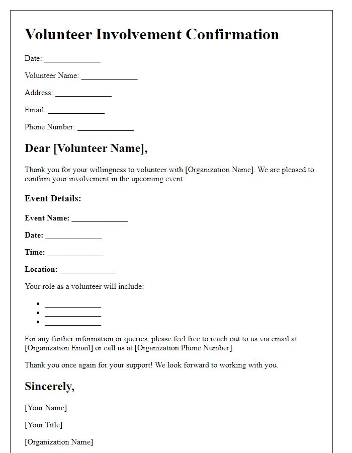 Letter template of Volunteer Involvement Confirmation