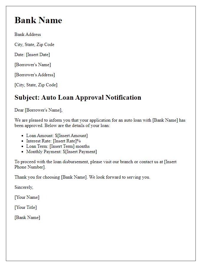 Letter template of auto loan approval from the bank