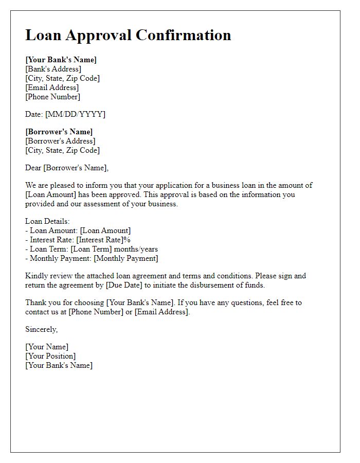 Letter template of business bank loan approval confirmation