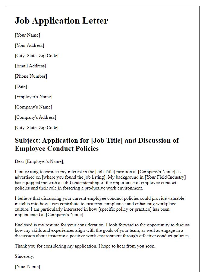 Letter template of job application for discussing employee conduct policies