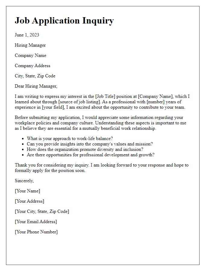 Letter template of job application inquiring about workplace policies and culture