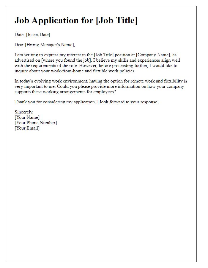 Letter template of job application questioning work-from-home and flexible policies