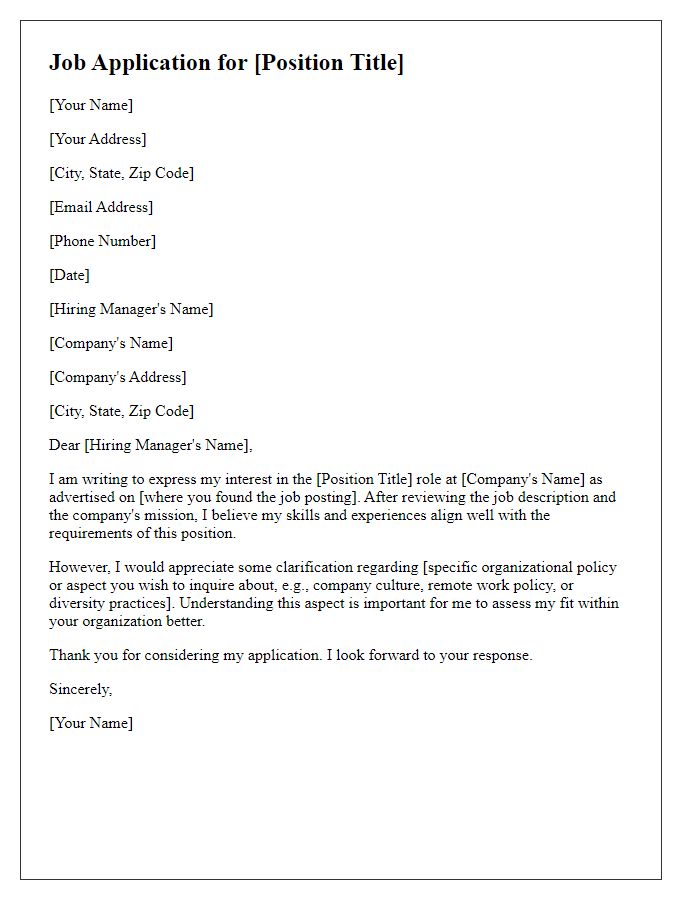 Letter template of job application seeking clarification on organizational policies