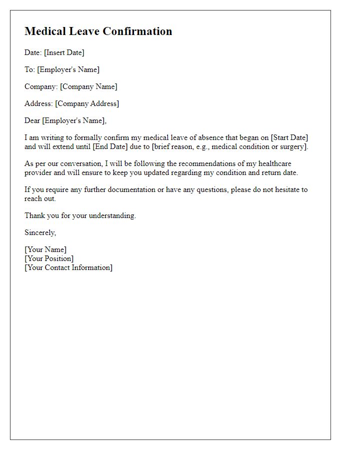 Letter template of medical leave confirmation for employer