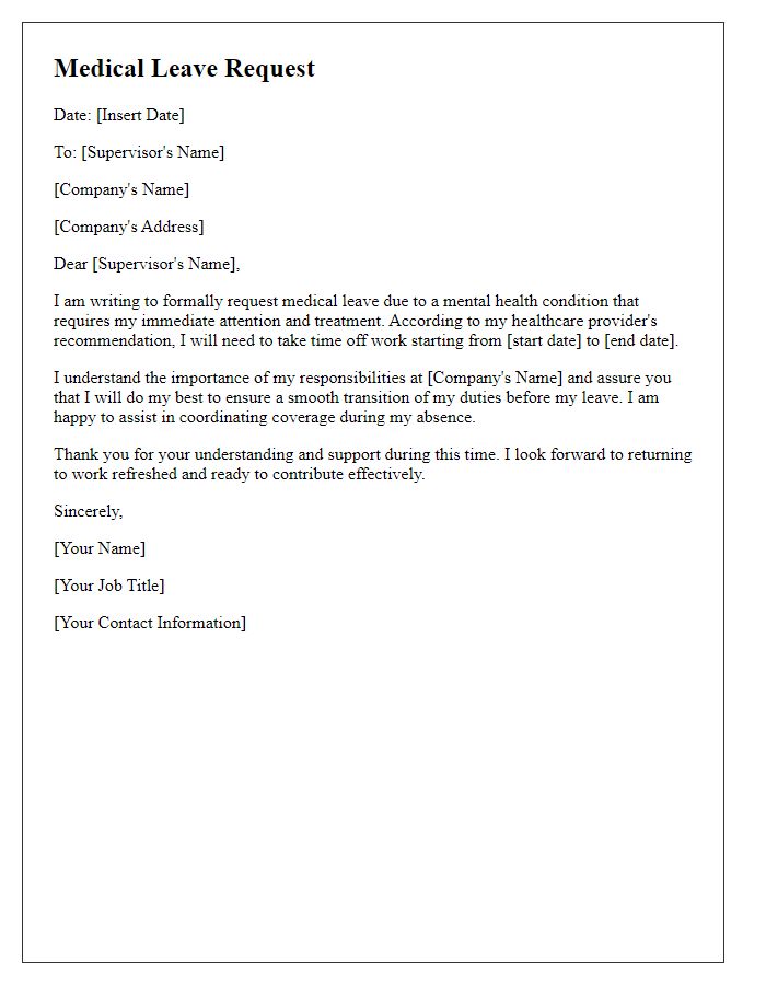 Letter template of medical leave due to mental health conditions