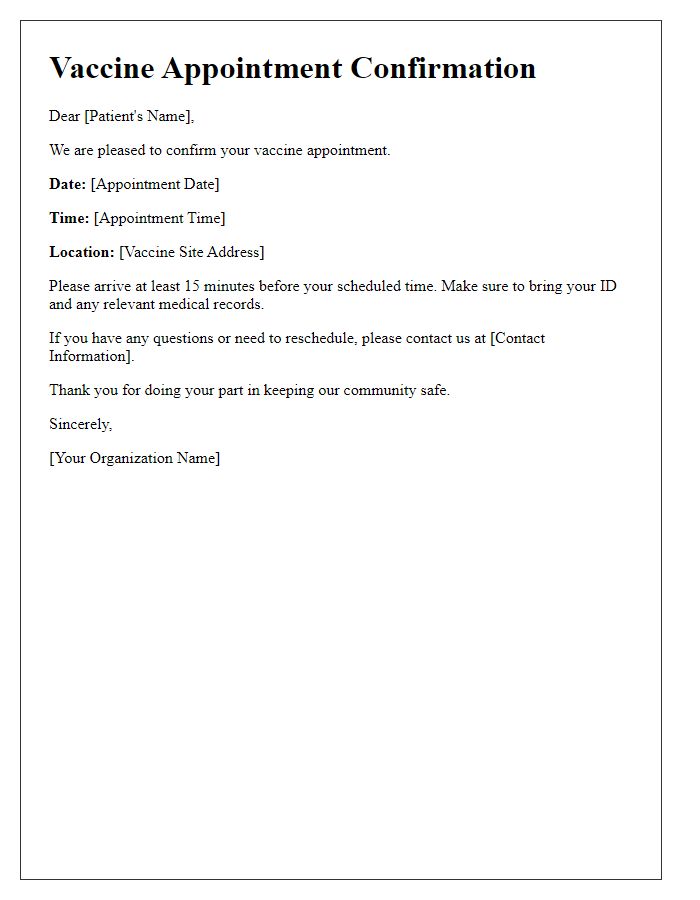 Letter template of vaccine appointment confirmation for adults.