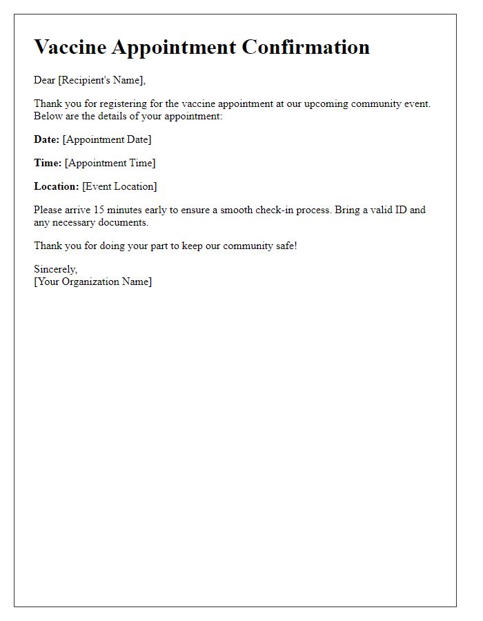 Letter template of vaccine appointment confirmation for community events.