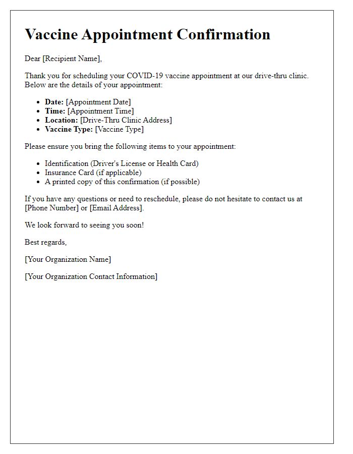 Letter template of vaccine appointment confirmation for drive-thru clinics.