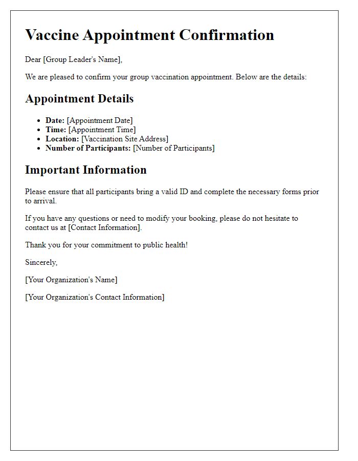 Letter template of vaccine appointment confirmation for group bookings.