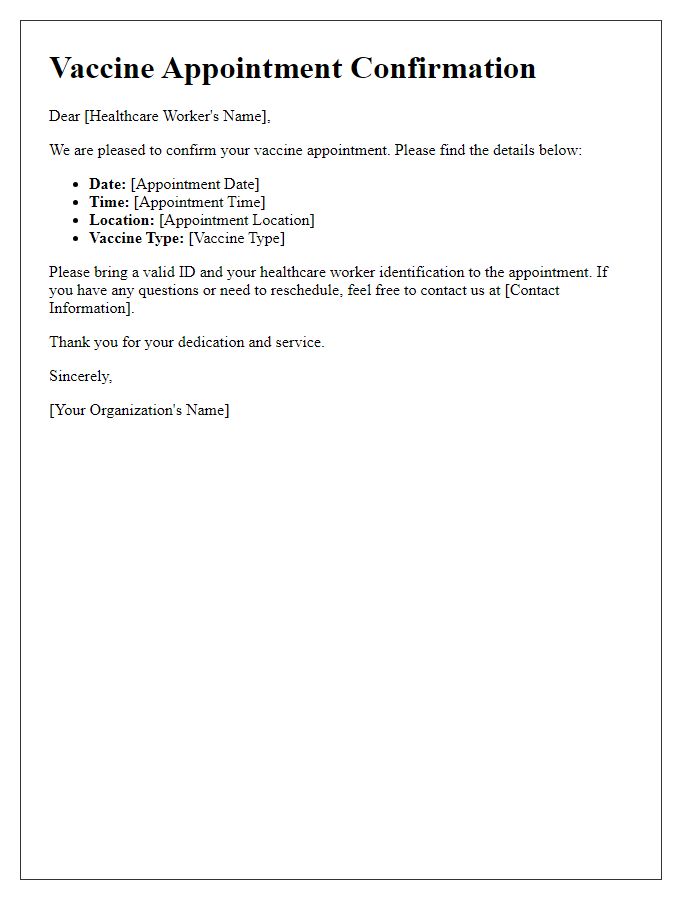 Letter template of vaccine appointment confirmation for healthcare workers.