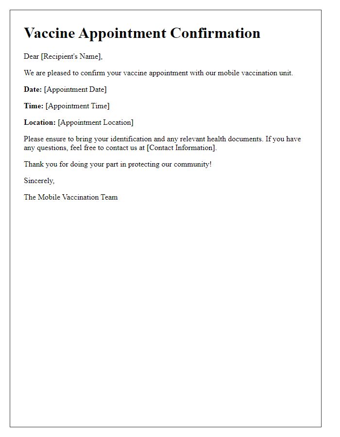 Letter template of vaccine appointment confirmation for mobile vaccination units.