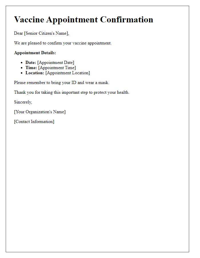 Letter template of vaccine appointment confirmation for senior citizens.