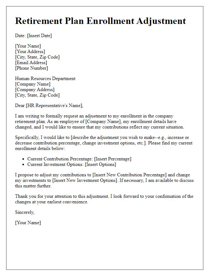 Letter template of retirement plan enrollment adjustment