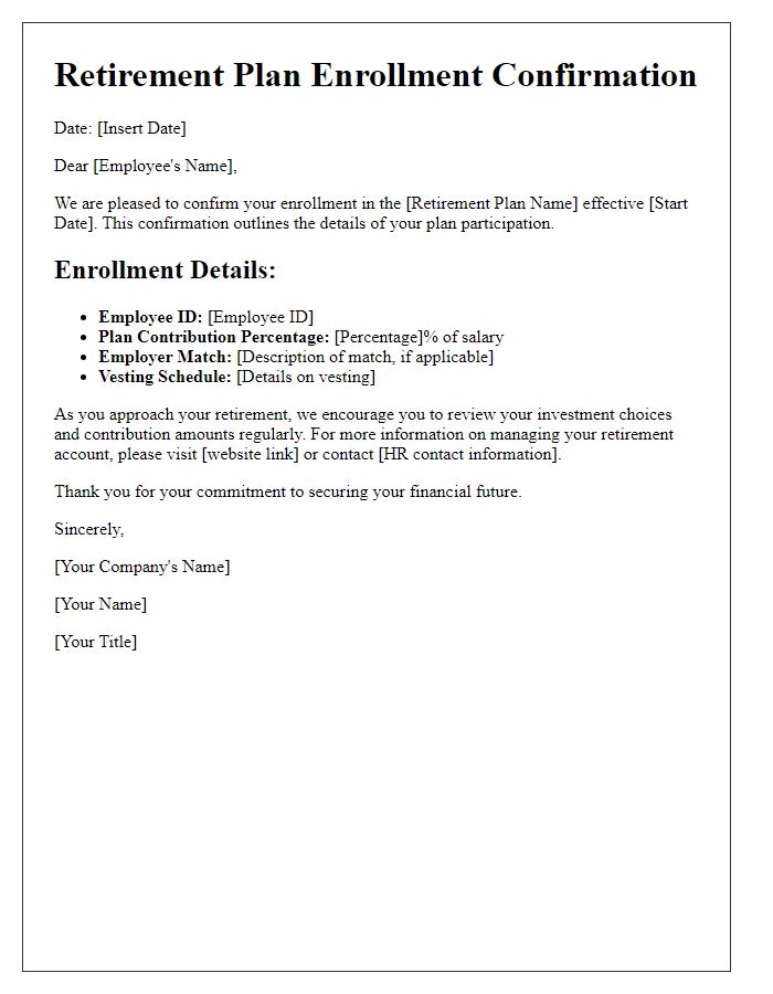 Letter template of retirement plan enrollment confirmation