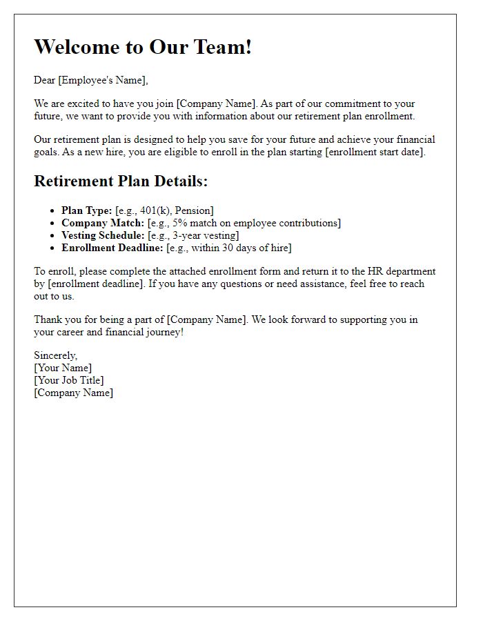 Letter template of retirement plan enrollment for new hires