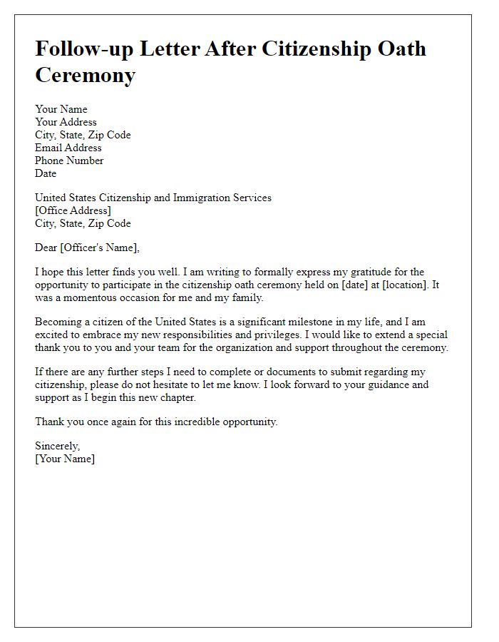 Letter template of follow-up after citizenship oath ceremony