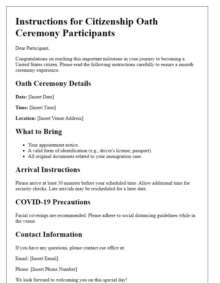 Letter template of instructions for citizenship oath ceremony participants