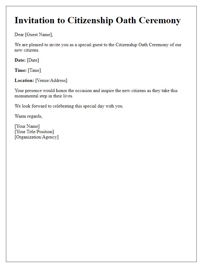 Letter template of special guest invitation to citizenship oath ceremony